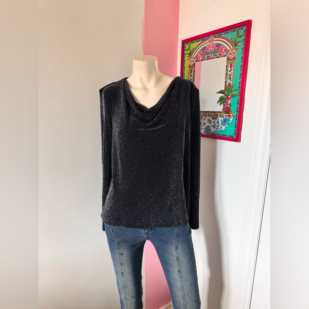 Sparkly Alex Evenings Long Sleeve Cowl Neck Formal Party Top